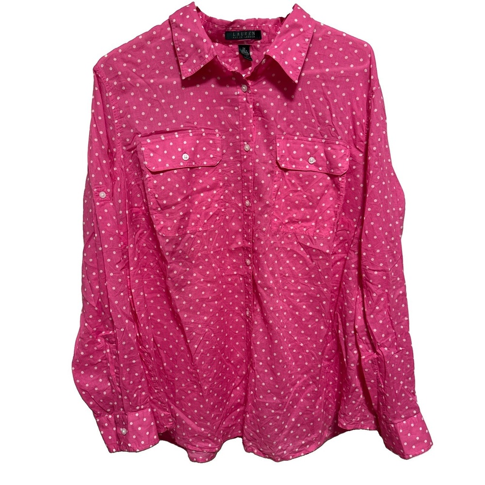 Ralph Lauren Blouse Women 2X Pink Polka Dot Roll Tab Sleeve Button Up Cotton